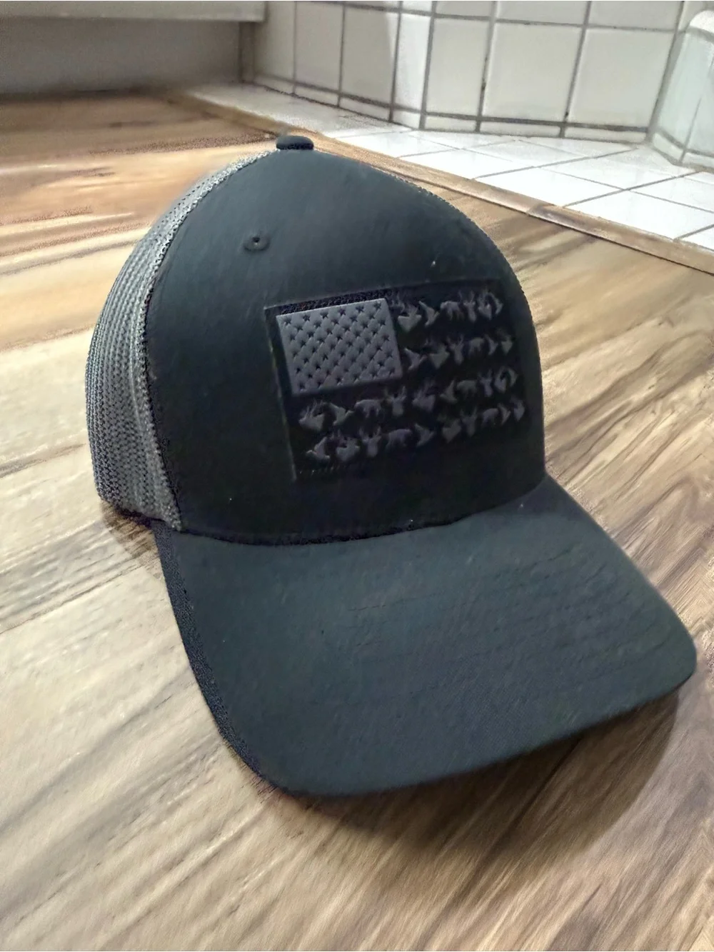 Men's Black Mesh Back Hat with Embossed Flag Patch